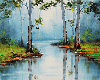 Drawing, river, art, tree HD wallpaper