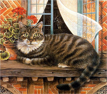 By Lesley Ann Ivory (DETAIL), kitten, lesley ann ivory, painting, window, art, flower, cat, feline HD wallpaper