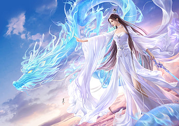 Girl and dragon, fanxiu, blue, pink, white, frumusete, dragon, luminos, fan xiu, fantasy HD wallpaper