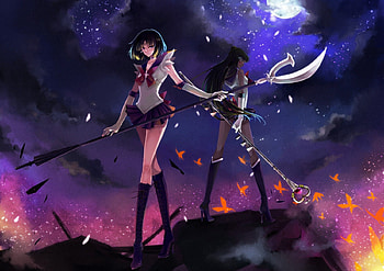 Sailor Moon, uniform, stars, long hair, anime, butterfly, moon, petals, weapon, sky HD wallpaper