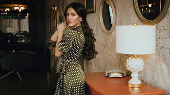 Girl Hands In Hair Green Polka Dot Dress Bruneette, girls, model, brunette HD wallpaper