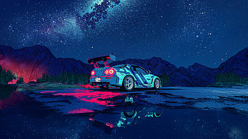 Gtr Skyline Reflection Neon Dreams Sports Car, nissan, nissan-gtr, cars, stars, sky, purple, land, mountains, ai, artist HD wallpaper