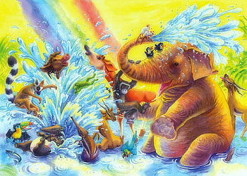★Waterhole & Under Rainbow★, monkeys, paintings, rainbows, waterhole, creative pre-made, summer, giraffes, love four seasons, elephants, wildlife, animals, nature, splashing HD wallpaper