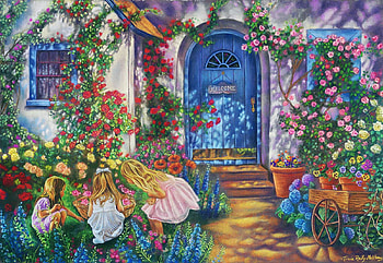 Coming Up Roses, flowers, children, door, house, painting HD wallpaper