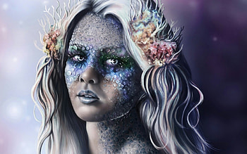 Mermaid, blue, coral, girl, woman, purple, shell, pink, fantasy, parkyr, face, bubbles, water HD wallpaper