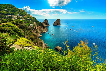 Faraglioni cliffs panorama, island, sea, coast, beautiful, Italy, rocks, Europe, panorama, summer, cliffs, view, sky, Capri HD wallpaper