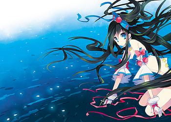 Anime, blue, ribbon, girl, long hair, water, bow, ocean, female HD wallpaper