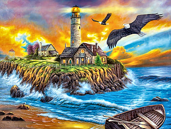 Sunset Cove Lighthouse F1, boat, lighthouse, architecture, art, beautiful, eagles, artwork, scenery, wide screen, painting, seascape, sunset HD wallpaper