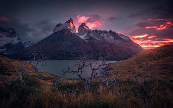Andes, evening, mountain landscape, Patagonia, mountains, mountain lake, sunset, orange clouds, Chile HD wallpaper