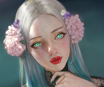 Girl, blue, art, eyes, jidu276, pink, thao anh, red, flower, face, luminos HD wallpaper