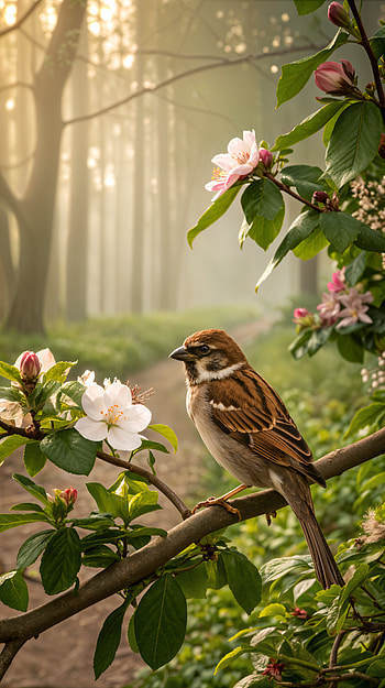 Morning Blossom Sparrow — , bird HD phone wallpaper