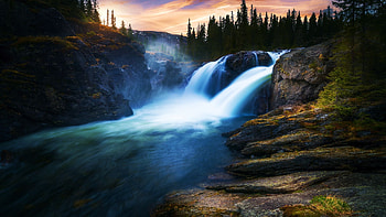 Waterfall Rjukandefossen, Moerkedoela river, Norway, morning, water, trees, landscape, clouds, sky, rocks HD wallpaper