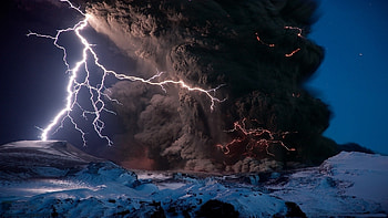 volcanic eruption, lightning, snow, volcano, smoke, rocks HD wallpaper