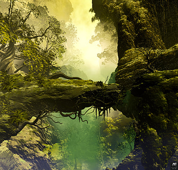 Landscape, Trees, Stones, Rock, Fog, 3D, Roots, Painting, Realism HD wallpaper