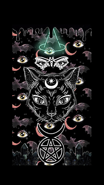 Wild and witchy, bats, crescentmoon, blackdrip, witcheshat, blackcat, pentacle, eyes, blackcrystals HD phone wallpaper