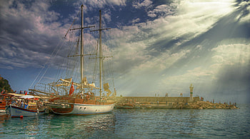 Ship, blue, sea, , sun HD wallpaper