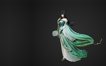 Fantasy girl, asian, grey, girl, dress, fan, hand fan, fantasy, green, game, yonglin yao, luminos, princess HD wallpaper