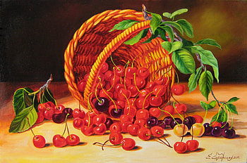 Still life, cherries, delicious, beautiful, fruits, spring, nice, summer, basket, leaves, painting, pretty, yummy, red, lovely HD wallpaper