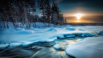 brook in winter, trees, sky, snow, stream HD wallpaper