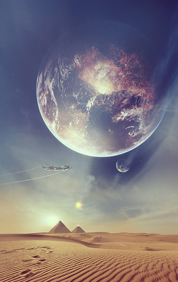Fantasy, Art, Desert, Pyramids, Spaceship HD phone wallpaper