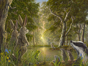 Sunrise, rabbit, lake, animal, art, robert bissell, bunny, painting, mouse, fantasy, pictura, water, forest HD wallpaper