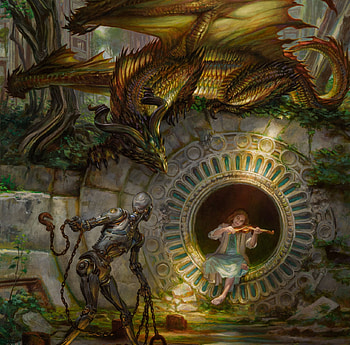 The dragon the violinist and the empathetic robot, donato giancola, dragon, violin, donato giamcola, golden, robot, art, girl, dark, instrument, fantasy HD wallpaper