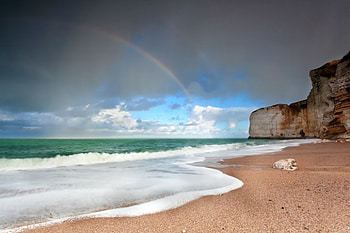 After the Rain, sea, sand, beach, ocean waves, rainbow, seascape, clouds, nature, sky, splendor, ocean HD wallpaper