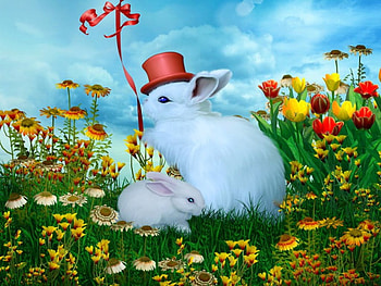 Easter joy, white, fun, rabbits, meadow, beautiful, grass, eggs, bunny, pretty, freshness, flowers, balloon, sky, easter, joy HD wallpaper