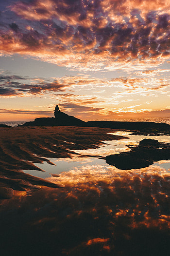 Nature, Sunset, Sea, Clouds, Reflection, Shore, Bank, Silhouette HD phone wallpaper