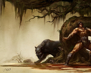 fantasy art, dagger, man, beast, rock, tree HD wallpaper