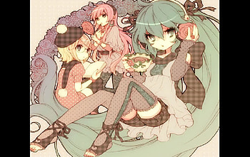 its just a normal day, mirror, luka, tea, heads, rin, aqua, normal, miku, pink, book, yello HD wallpaper