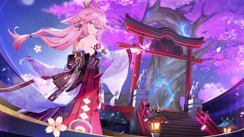 Purple Eyes Pink Hair Yae Miko Guuji Genshin Impact HD wallpaper