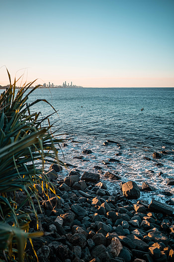 Nature, Grass, Stones, Sea, City, Horizon HD phone wallpaper