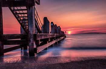 Sea View, sea, pier, sunrise, beach, clouds, nature, sky, sun, sunset, ocean HD wallpaper
