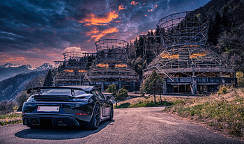 Porsche 718 GT4, mountains, car, buildings, clouds, graph, porsche, sky HD wallpaper