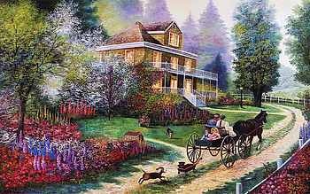 Riding Fun, dog, horse, painting, trees, flowers, cottage, road, cart HD wallpaper