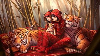 Year of the Tiger, cub, art, big cat, man, cute, chinese, girl, xiaofan zhang, pisici, zodiac, fantasy, red, couple, tigru, luminos, orange HD wallpaper