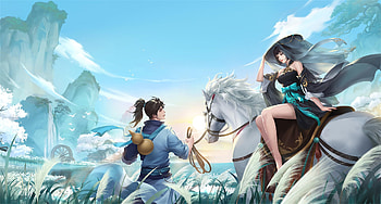Fantasy couple, blue, horse, man, girl, ltart, fantasy, couple, lt, l t HD wallpaper