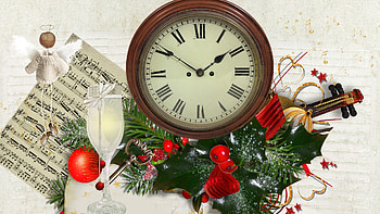 Christmas New Year, frost, feliz navidad, firefox persona, berries, new years, balls, angel, music, champagne glass, christmas, decorations, clock, sheet music HD wallpaper