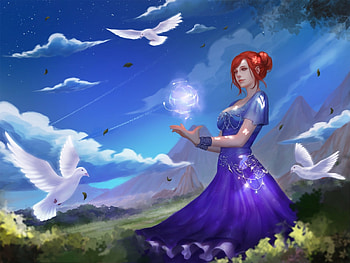 Sorceress, white, dove, bird, girl, dress, woman, purple, magical, sky, redhead, cloud HD wallpaper