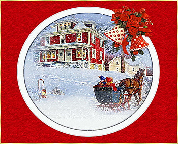 Family visits, winter, snow, christmas, horse and carriage, bows, bells, people, red and white house HD wallpaper