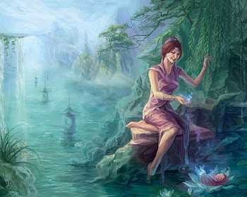 Giving A Magical Bath, river, magic, baby, woman, lily HD wallpaper