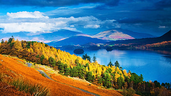 Lake District National Park in Autumn, England, hills, fall, clouds, landscape, trees, colors, sky, water HD wallpaper