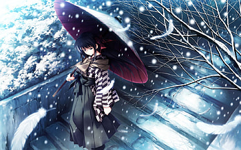 Anime girl in snow, feather, anime, snow, cold, girl HD wallpaper