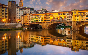 Florence, evening, sunset, River Arno, Ponte Vecchio, stone bridge, Florence landmark, Florence cityscape, Italy, Florence architecture HD wallpaper