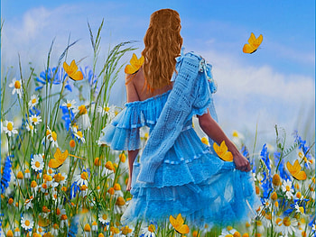 Delicate Blue 2, sky, flowers, girl, blue, white, vibrant, butterflies, vivid, yellow, green, bright, bold HD wallpaper
