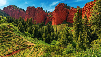 Red Rocks, trees, sky, rocks, cliff, landscape HD wallpaper