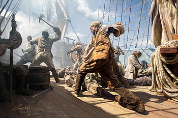 Pirates, ship, art, fantasy, man, battke, tang maohua HD wallpaper