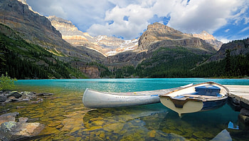 Lake O'Hara, Yoho National Park, Canada, boats, clouds, sky, british Columbia, mountains HD wallpaper
