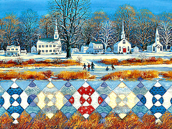 The Steeple Chase Quilt Patterns, winter, architecture, chapel, quilts, art, beautiful, illustration, church, artwork, scenery, wide screen, ice skating, religious, painting, snow, patterns HD wallpaper